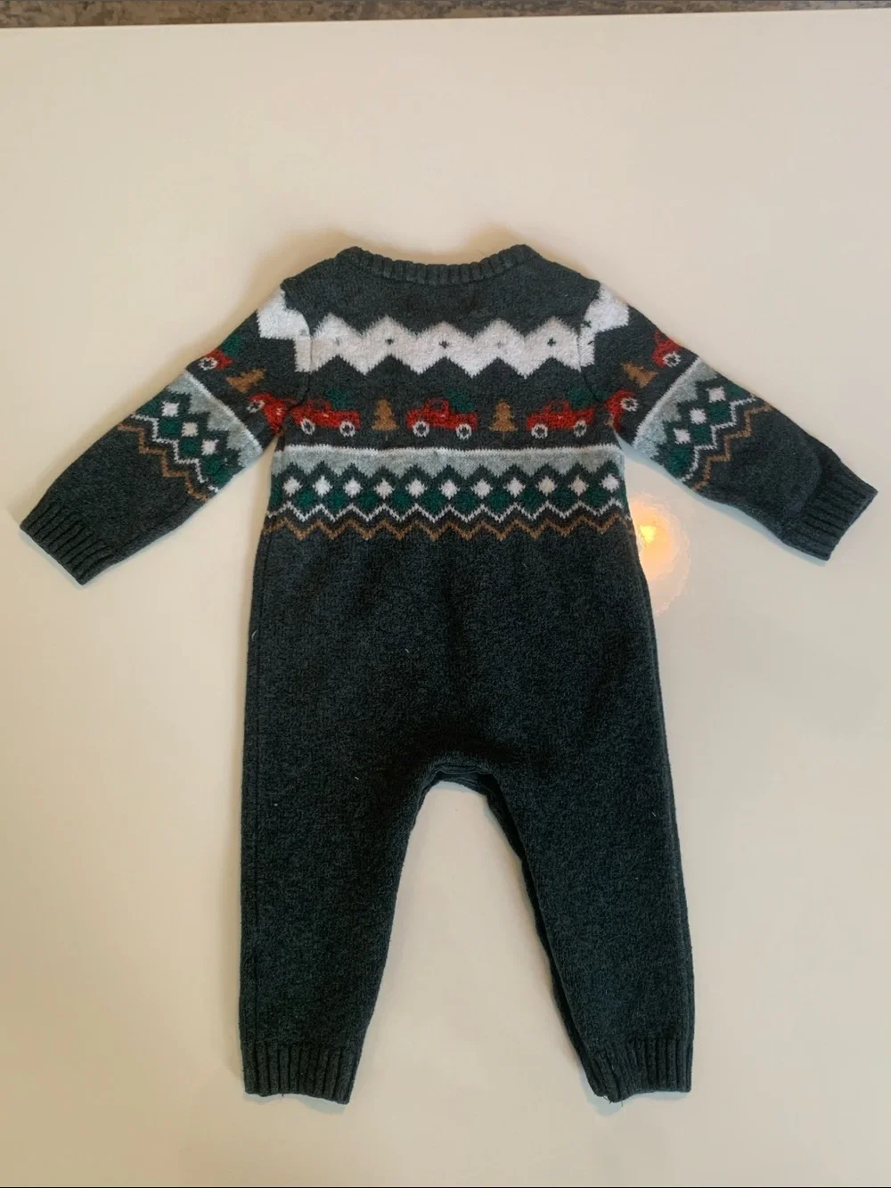 Old Navy Dark Green Fair Isle Knit  Romper with Red & White Accents Size 12-18M